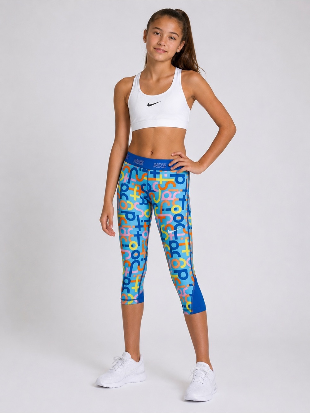 Nike Dri-FIT Girls Graphic Crop Leggings Blue Multicolor Logo Print XL